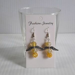 Hand Crafted Earrings Pierced Angel Yellow Crackle